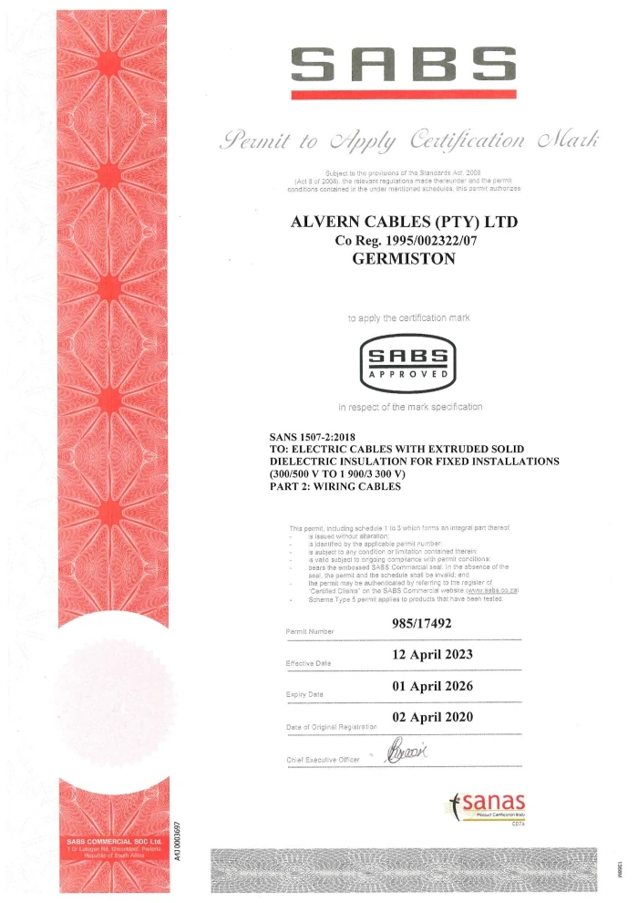 SANS-1507-2:2018 Certificate