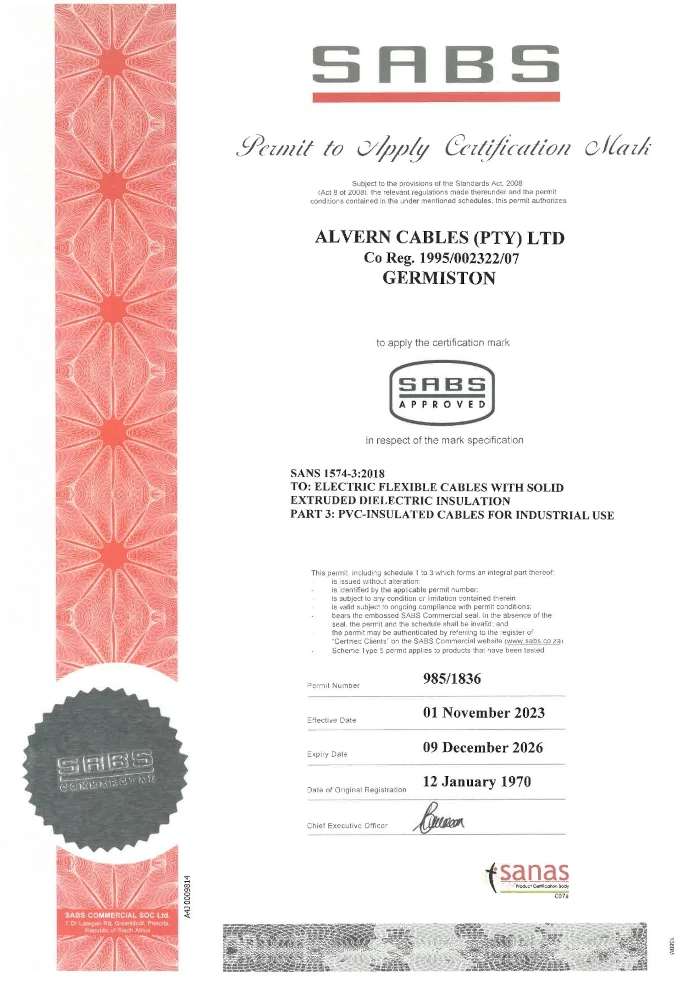 SANS-1547-3:2018 Certificate
