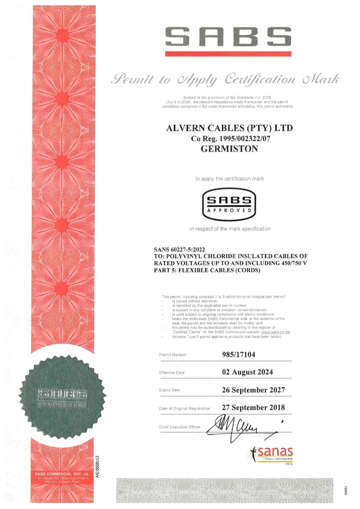 SANS-60227-5:2022 Certificate