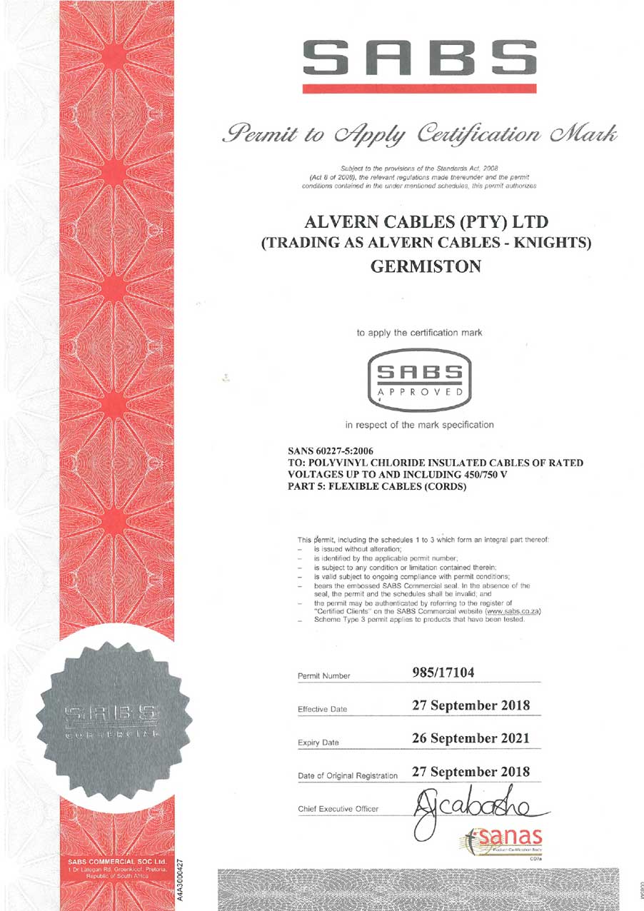 SANS-60227-5 & SANS-1574-2 Certificate